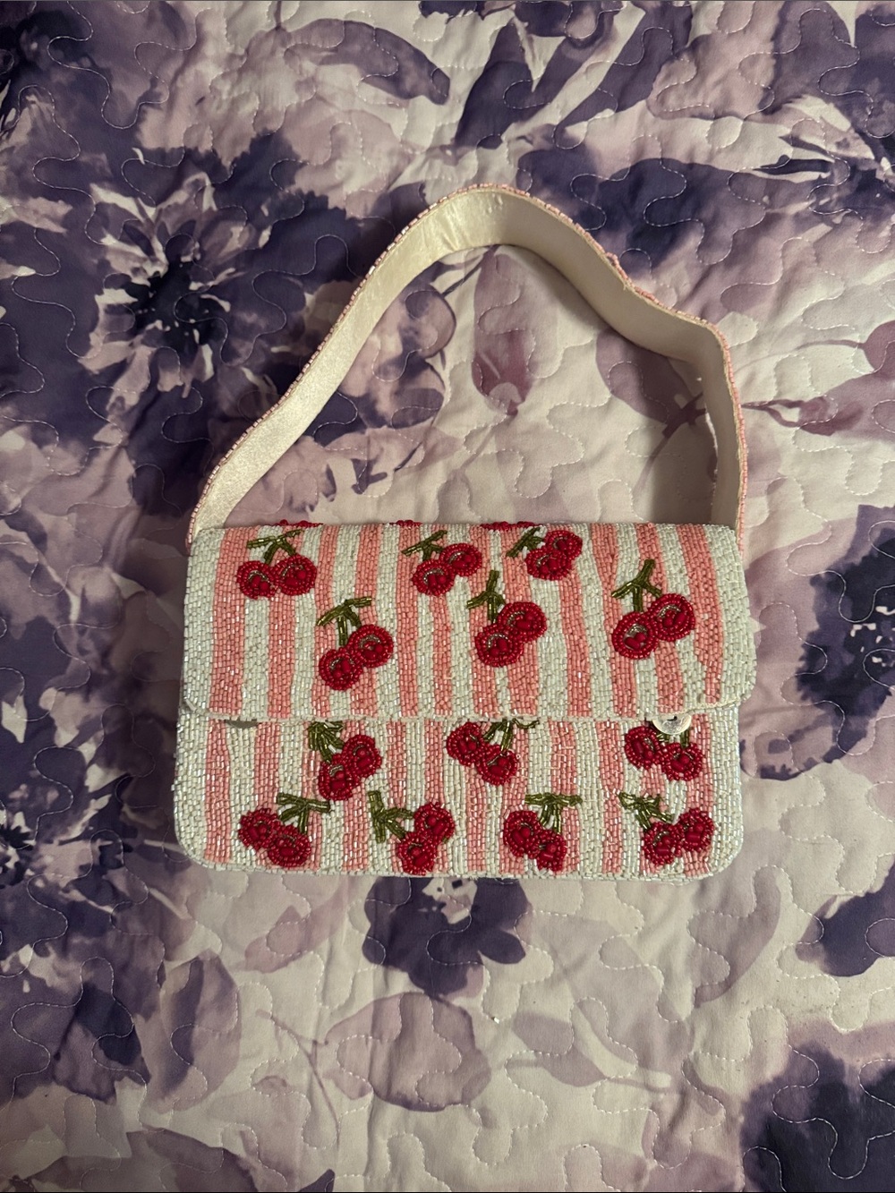 Beaded Cherry Stripe Shoulder Bag - Pink